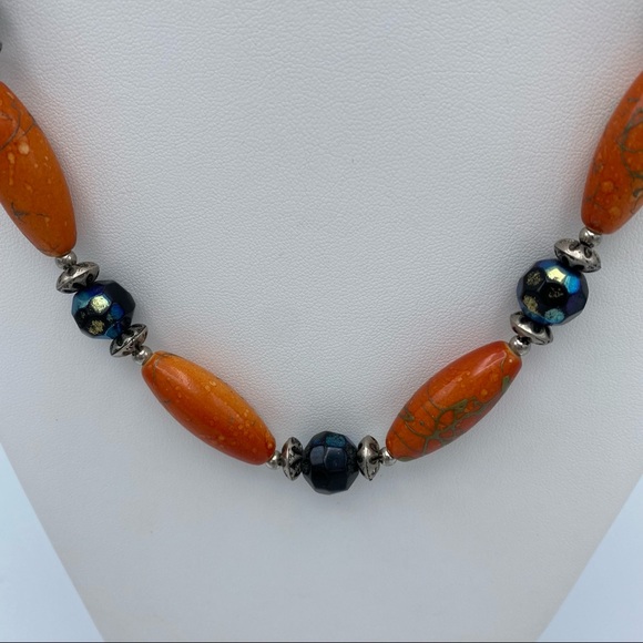Artisan Handcrafted Orange Silver Tone & Peacock Aurora Borealis Beaded Necklace - Picture 10 of 10
